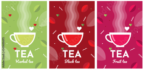 Beautiful set of vector posters for your projects. Isolated tea elements and patterns. Simple minimalistic flat design style. Different types of tea in teapots. Breakfast.