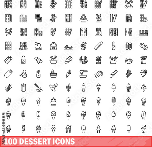 100 dessert icons set. Outline illustration of 100 dessert icons vector set isolated on white background