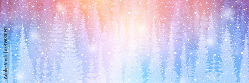 Dreamy winter forest, snowfall and bokeh effect, bright holiday background, panoramic view, vector illustration