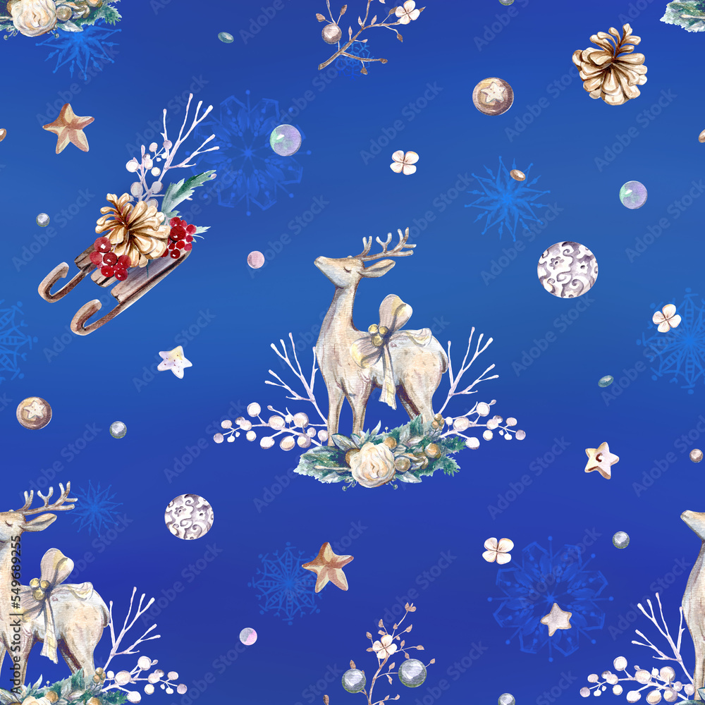 New year, Christmas watercolor seamless pattern with deer and snowflakes on blue background.