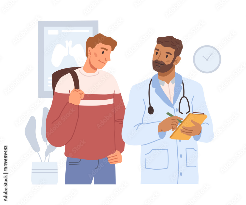 Man at doctors appointment, having consultation with specialist. Doc giving prescription and treatment, advice. Flat cartoon character, vector in flat style