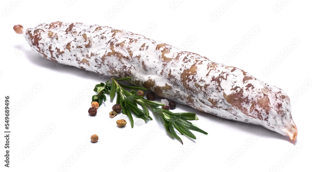 Spanish Fuet thin dried salami sausage isolated on a white background Spanish Fuet thin dried salami sausage isolated on a white background