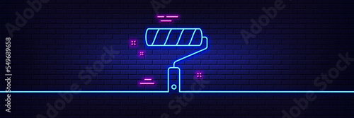 Neon light glow effect. Paint roller line icon. Wall roll brush sign. Painter tool symbol. 3d line neon glow icon. Brick wall banner. Paint roller outline. Vector