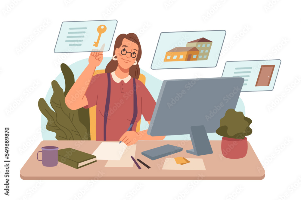 Real estate agent looking for property online, woman sitting by laptop searching for apartments and homes. Purchasing and selling houses. Vector in flat style Real estate agent looking for property online, woman sitting by laptop searching for apartments and homes. Purchasing and selling houses. Vector in flat style