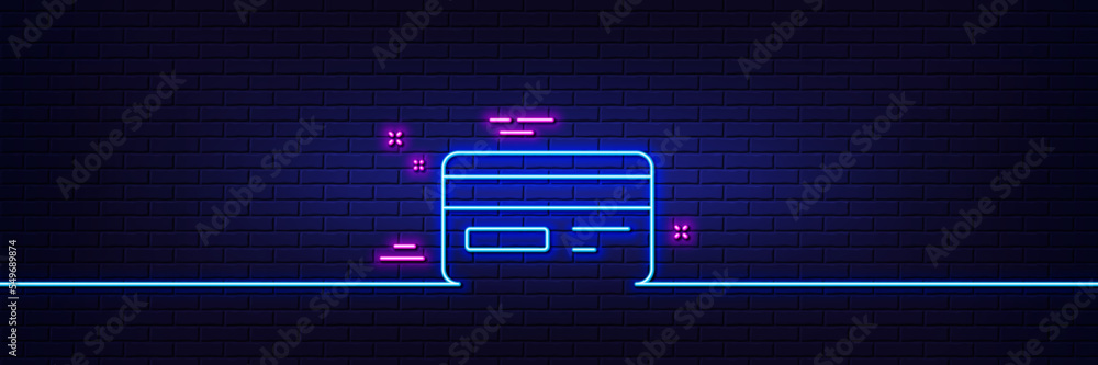 Neon light glow effect. Credit card line icon. Bank payment method sign. Online Shopping symbol. 3d line neon glow icon. Brick wall banner. Credit card outline. Vector Neon light glow effect. Credit card line icon. Bank payment method sign. Online Shopping symbol. 3d line neon glow icon. Brick wall banner. Credit card outline. Vector