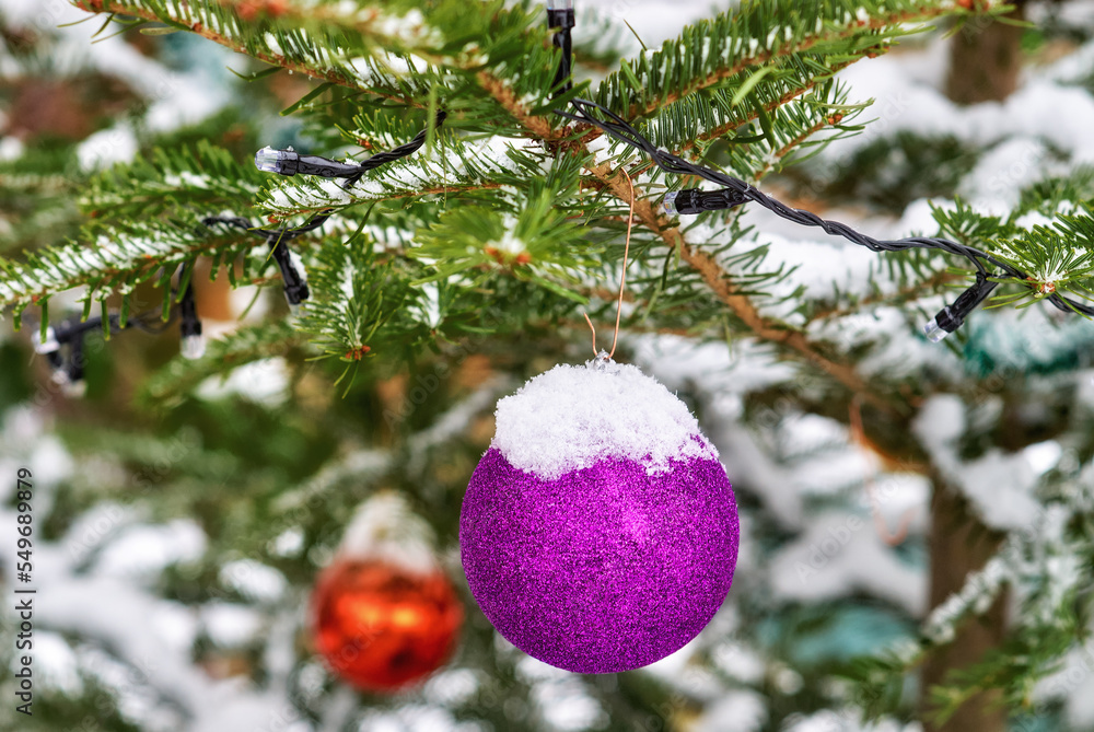 Christmas decorations on a coniferous tree