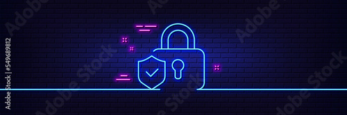 Neon light glow effect. Security lock line icon. Cyber defence shield sign. Private protection symbol. 3d line neon glow icon. Brick wall banner. Security lock outline. Vector