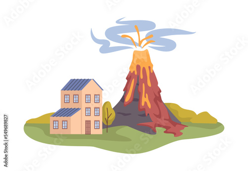 Volcano eruption, natural disasters and catastrophes. Damages and devastation of ground and houses, city streets and homes of people. Vector in flat style