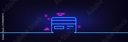 Neon light glow effect. Credit card line icon. Bank payment method sign. Online Shopping symbol. 3d line neon glow icon. Brick wall banner. Credit card outline. Vector