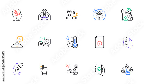 Support, Stress and Eye drops line icons for website, printing. Collection of Online voting, Interview, Inclusion icons. Touchscreen gesture, Thumb down, Social distance web elements. Vector