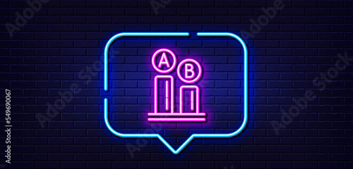 Neon light speech bubble. Ab testing line icon. Ui test chart sign. Neon light background. Ab testing glow line. Brick wall banner. Vector