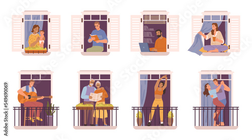 Characters sitting on window sill or standing on balconies, cartoon set. Reading book and working, drinking coffee and playing guitar, dancing and doing sports. Vector in flat style