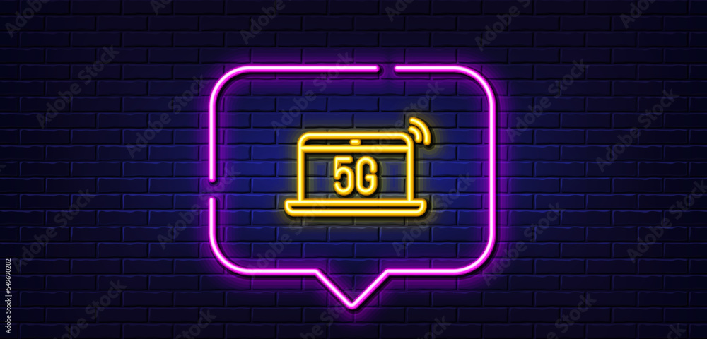 Neon light speech bubble. 5g notebook line icon. Wireless technology sign. Mobile wifi internet symbol. Neon light background. 5g notebook glow line. Brick wall banner. Vector Neon light speech bubble. 5g notebook line icon. Wireless technology sign. Mobile wifi internet symbol. Neon light background. 5g notebook glow line. Brick wall banner. Vector