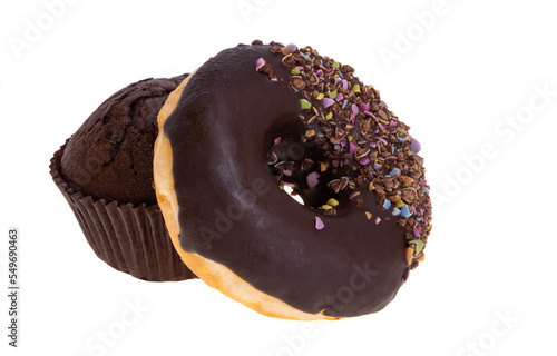 chocolate donut and muffin isolated