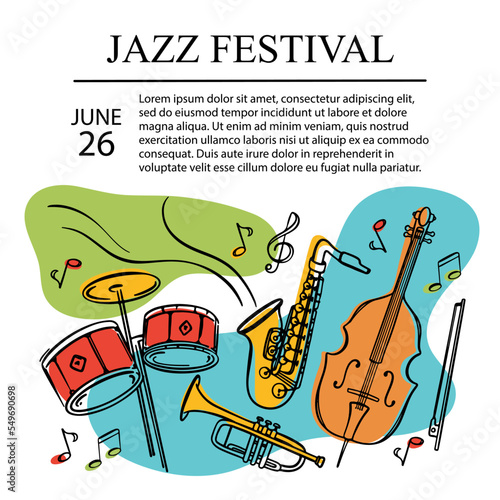 JAZZ FESTIVAL Square Banner Musical Concert Poster With Cello Saxophone Trumpet And Drums Invitation Text Abstract Colorful Background Hand Drawn Vector Sketch