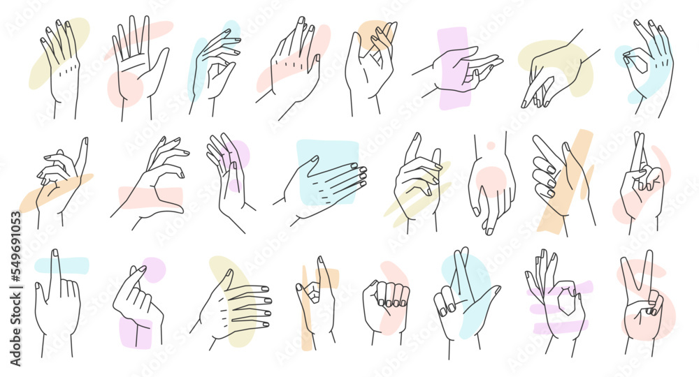 Woman hand icon collection line. Vector Illustration different gestures of abstract elegant female hands. Lineart in trendy minimalist style set. Body nonverbal language, communication by arms