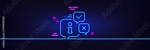 Neon light glow effect. Information line icon. Info speech bubble sign. Help inform symbol. 3d line neon glow icon. Brick wall banner. Info outline. Vector