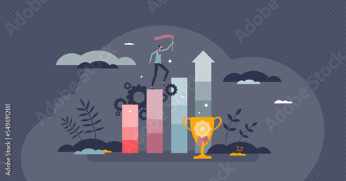 Achievement performance and successful growth progress tiny person concept. Company sales and profit boost with increased development vector illustration. Efficiency rise with great company leadership