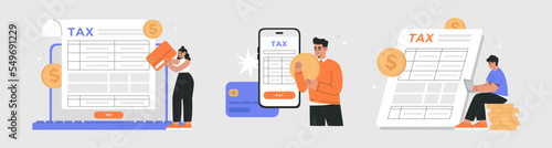 Tax payment, vector illustration set. Filling tax form online, paperwork, analysis and calculation tax return. Hand drawn vector illustration isolated on background, modern flat cartoon style