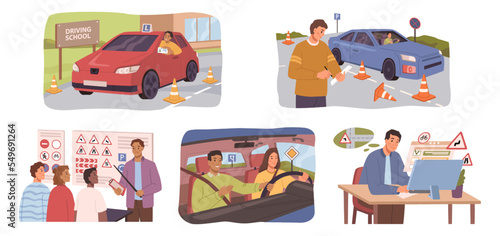 Driving school, car education exam, instructor and students flat cartoon vector set. Student sit in car, look at road. Traffic lights and signs. Man learning rules, passing exams for driver license