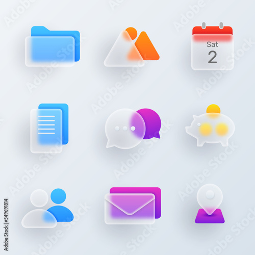 3d minimal glassmorphism ui icon set for website or mobile app. Vector calendar and folder sign, document and message, location and image symbol, piggy bank, location and notification sign