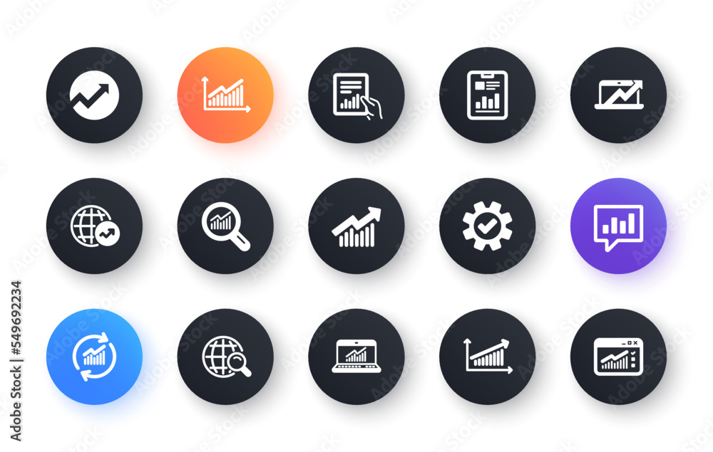 Analytics icons. Reports, Charts and Graphs. Data statistics classic icon set. Circle web buttons. Vector Analytics icons. Reports, Charts and Graphs. Data statistics classic icon set. Circle web buttons. Vector