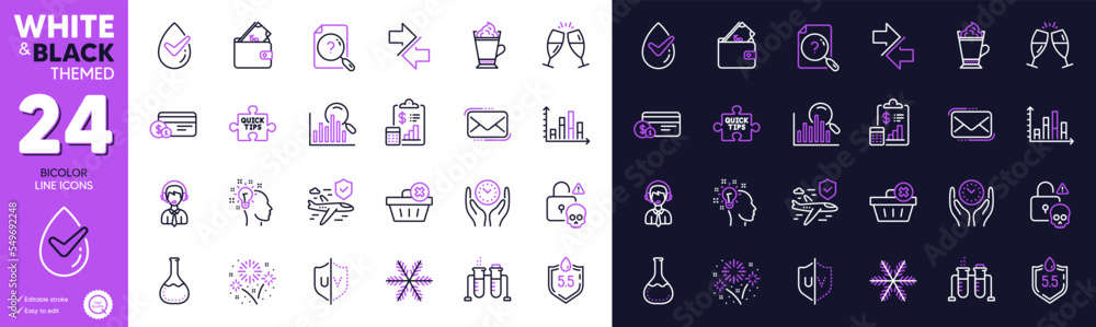 Chemistry beaker, Search and Shipping support line icons for website, printing. Collection of Diagram graph, Wallet, Dermatologically tested icons. Fireworks, Latte coffee. Vector Chemistry beaker, Search and Shipping support line icons for website, printing. Collection of Diagram graph, Wallet, Dermatologically tested icons. Fireworks, Latte coffee. Vector