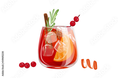 Sangria with cranberries.Christmas drink with cinnamon, orange, star anise, cranberries.Winter holiday cocktail.