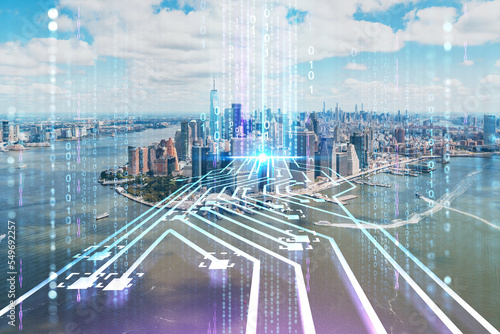 Aerial panoramic helicopter city view on Lower Manhattan district and financial Downtown, New York, USA. Artificial Intelligence concept, hologram. AI, machine learning, neural network, robotics