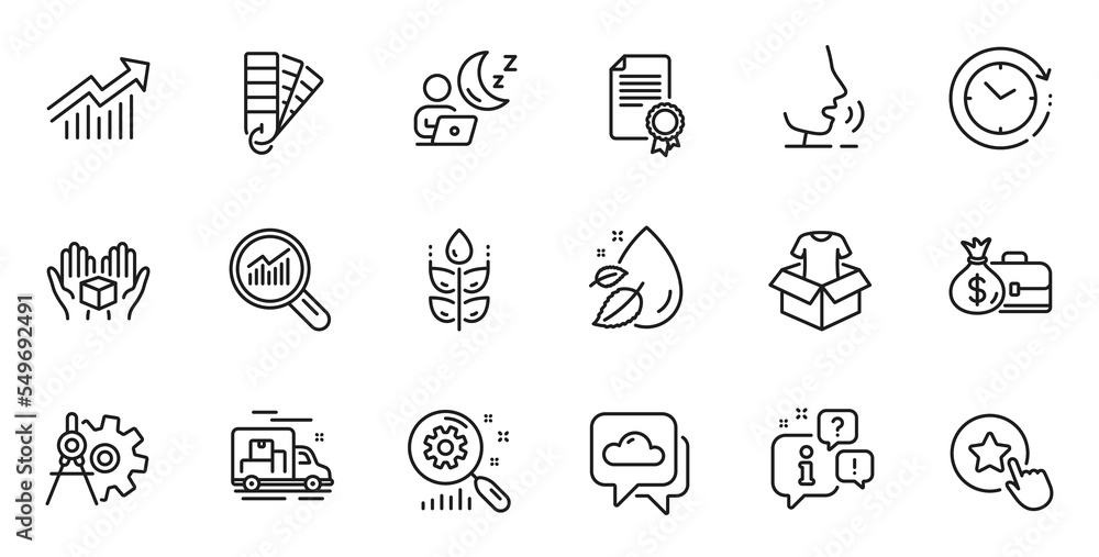Fototapeta premium Outline set of Demand curve, Water drop and Shift line icons for web application. Talk, information, delivery truck outline icon. Include Certificate, Salary, Time change icons. Vector