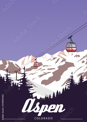 Travel resort Aspen Ski poster vintage. Colorado USA winter landscape travel card photo