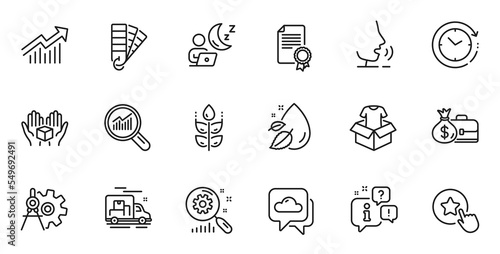 Outline set of Demand curve, Water drop and Shift line icons for web application. Talk, information, delivery truck outline icon. Include Certificate, Salary, Time change icons. Vector