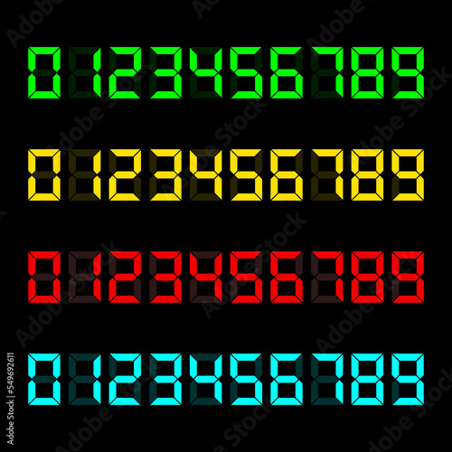 Zero to Nine digital electronic clock numbers set. LCD LED digit set for the counter, clock, calculator mockup in flat style design for website, app, UI, isolated on black background. Vector file.