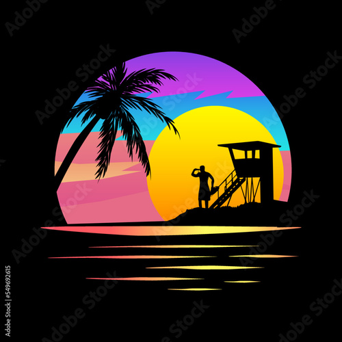 Baywatch  Apparel Graphic. Sunset on Tropical island. Vector graphic, black silhouette on vivid, colourful background. Palm trees, life guard and beach. Tshirt print ready graphic.