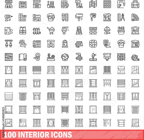 100 interior icons set. Outline illustration of 100 interior icons vector set isolated on white background
