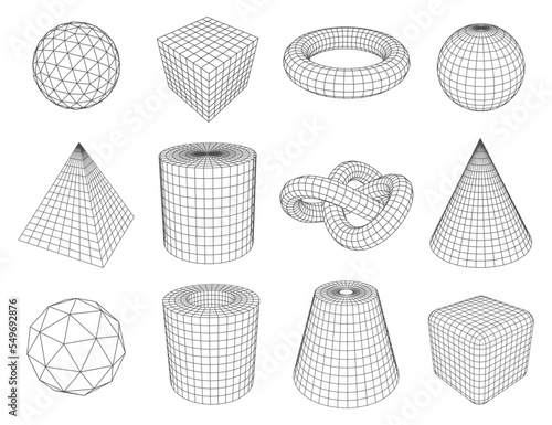 Low poly line geometric shapes, isolated vector triangle and pyramid, circle and cube, cylinder and cone. Polygonal mathematics and geometry figures, frame perspectives set