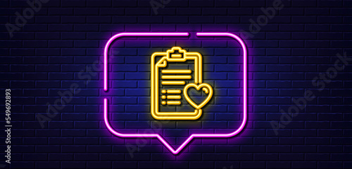 Neon light speech bubble. Medical survey line icon. Hospital patient history sign. Neon light background. Patient history glow line. Brick wall banner. Vector