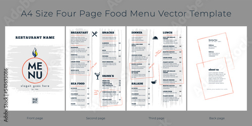 Restaurant cafe menu, template design, A4 size four page creative food menu template