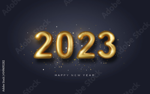 Happy new year 2023 banner. Golden Vector luxury text 2023 Happy new year. Gold Festive Numbers