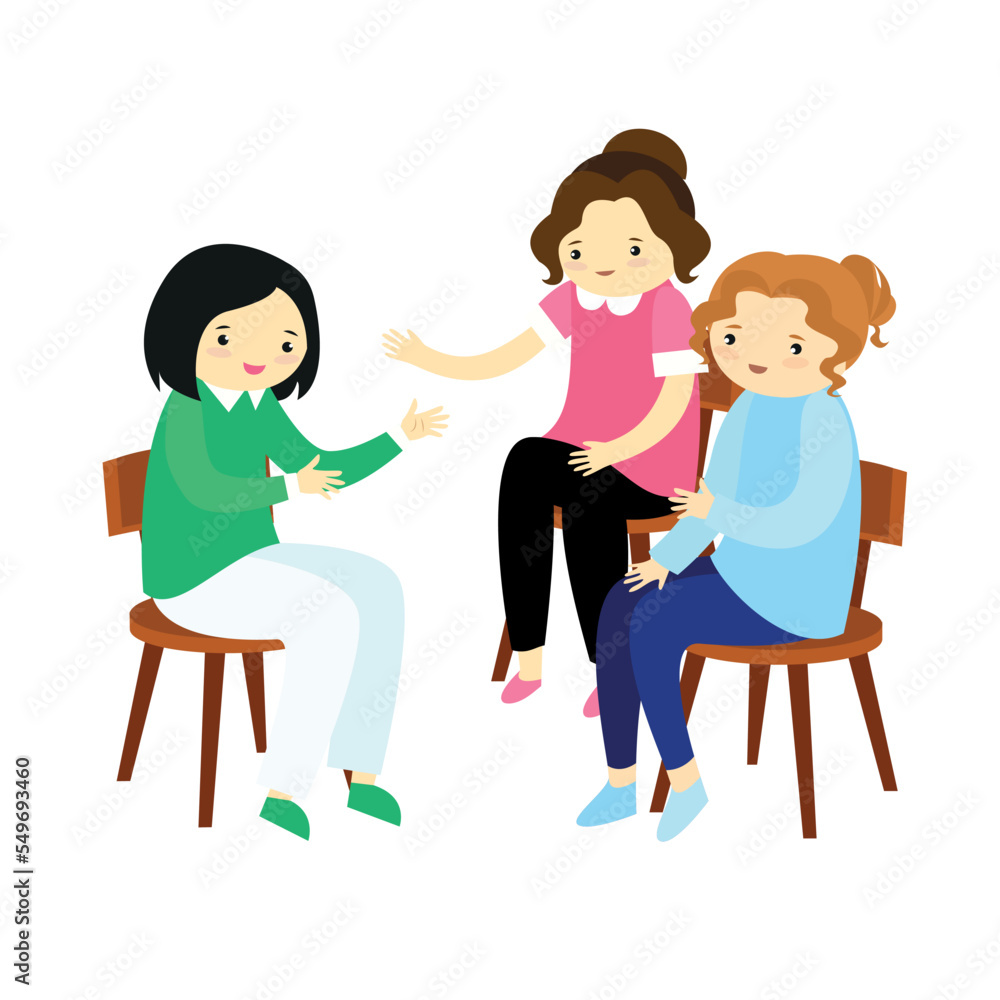 Three girls communicate while sitting on chairs