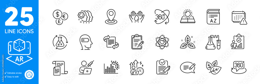 Outline icons set. Fair trade, Sun energy and Safe water icons. Full rotation, Coronavirus statistics, Location web elements. Inspect, 360 degree, Atom signs. Vaccination appointment. Vector Outline icons set. Fair trade, Sun energy and Safe water icons. Full rotation, Coronavirus statistics, Location web elements. Inspect, 360 degree, Atom signs. Vaccination appointment. Vector