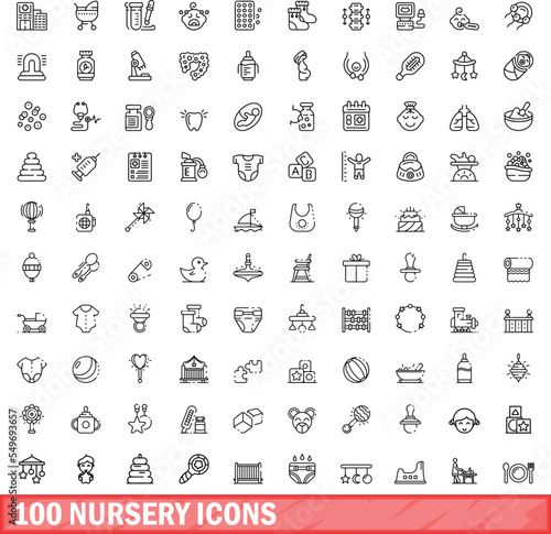 100 nursery icons set. Outline illustration of 100 nursery icons vector set isolated on white background
