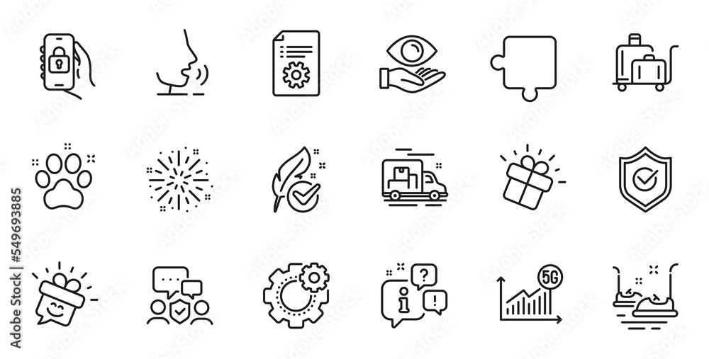 Outline set of Smile, Health eye and Puzzle line icons for web application. Talk, information, delivery truck outline icon. Vector