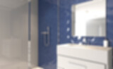Modern bathroom including bath and sink. 3D rendering.. Abstract blur phototography.