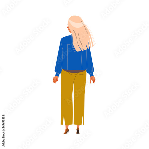 Back View of Blond Woman Character in Blue Jacket Standing Vector Illustration