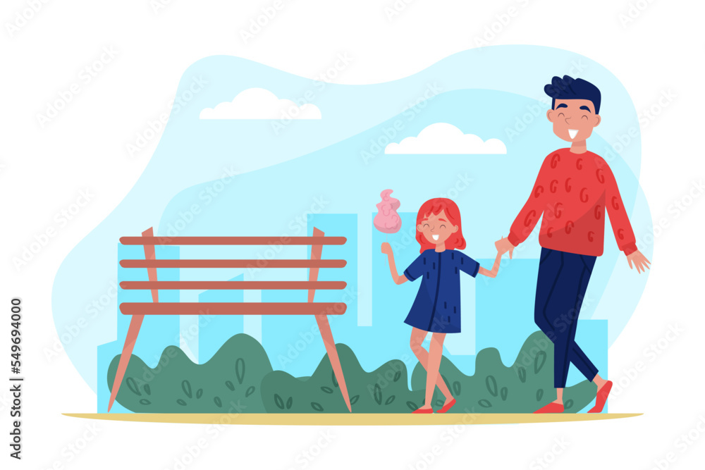 Dad and daughter walking in park. Cute happy girl eating cotton candy. Parent and kid having good time outdoors cartoon vector Dad and daughter walking in park. Cute happy girl eating cotton candy. Parent and kid having good time outdoors cartoon vector