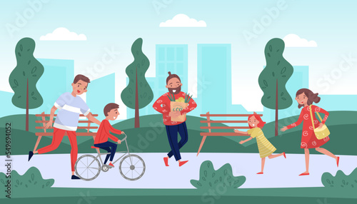 Happy families walking in park. Parents and kids having good time outdoors cartoon vector