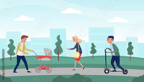 People having good time outdoors. Dad walking with baby stroller. Boy riding kick scooter cartoon vector