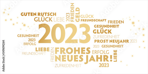 2023 frohes neues Jahr goldener Text auf weißem Hintergrund - deutsch