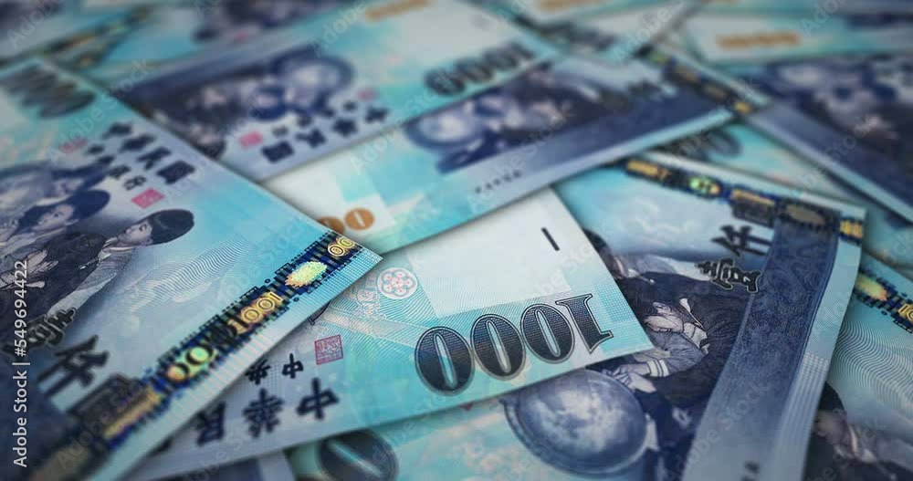 Taiwanese Dollar 1000 TWD banknote surface. Flying over Taiwan money note. 3D abstract concept of business, inflation, economy, finance, crisis and banking. Taiwanese Dollar 1000 TWD banknote surface. Flying over Taiwan money note. 3D abstract concept of business, inflation, economy, finance, crisis and banking.